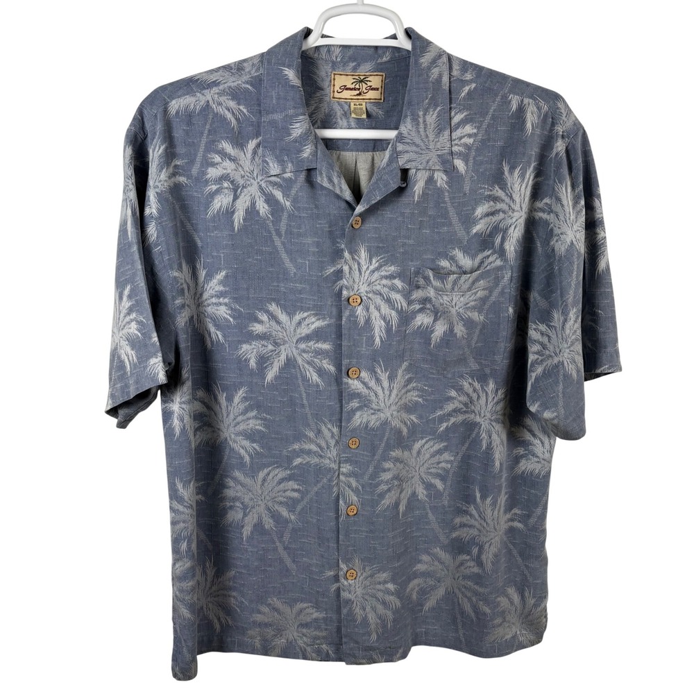 Jamaica Jaxx 100% Silk Button-Up Shirt XL Blue Palm Tree Camp Tropical Hawaiian